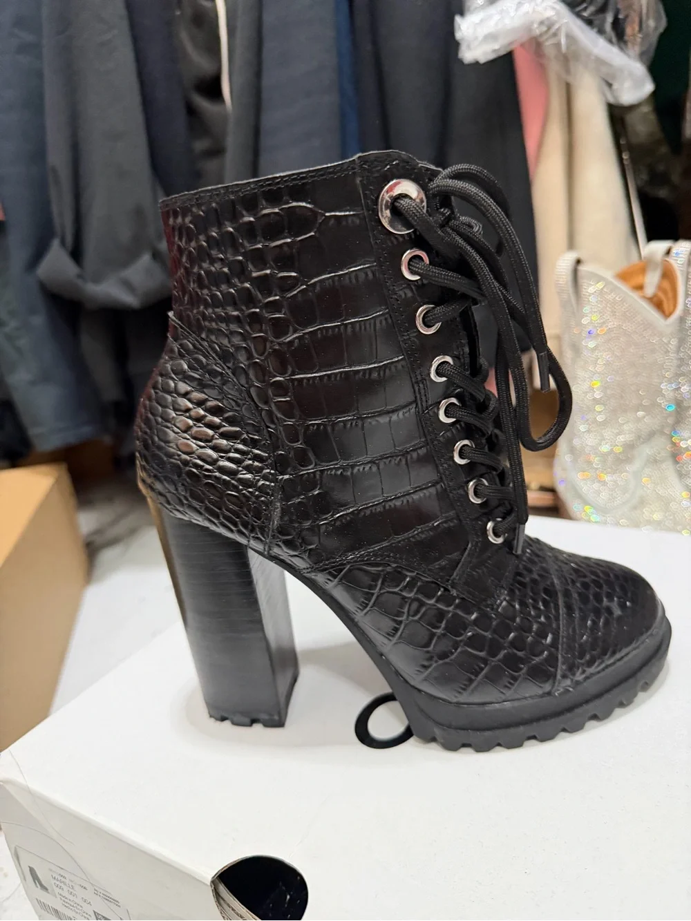Aldo Black Croc-Embossed Lace-Up Block Heel Ankle Boot